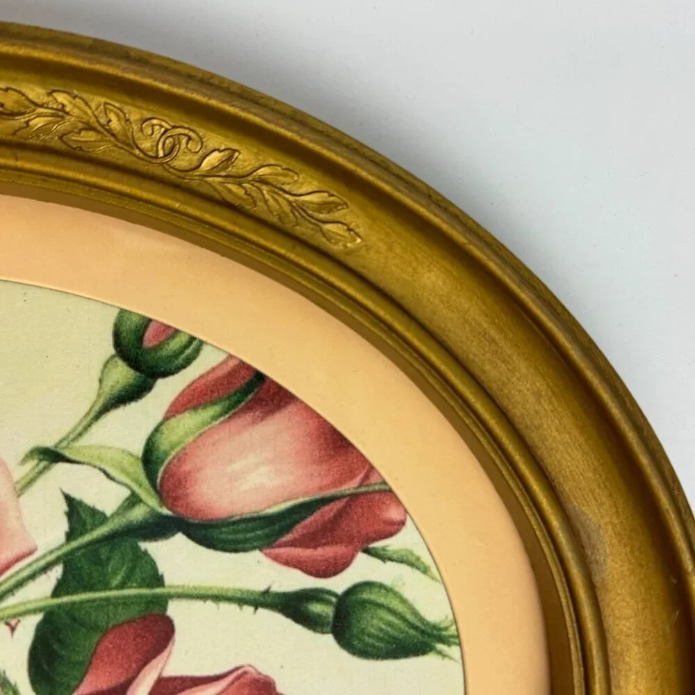 Vintage Oval Frame and Botanical Art Print Rose Pink Matted